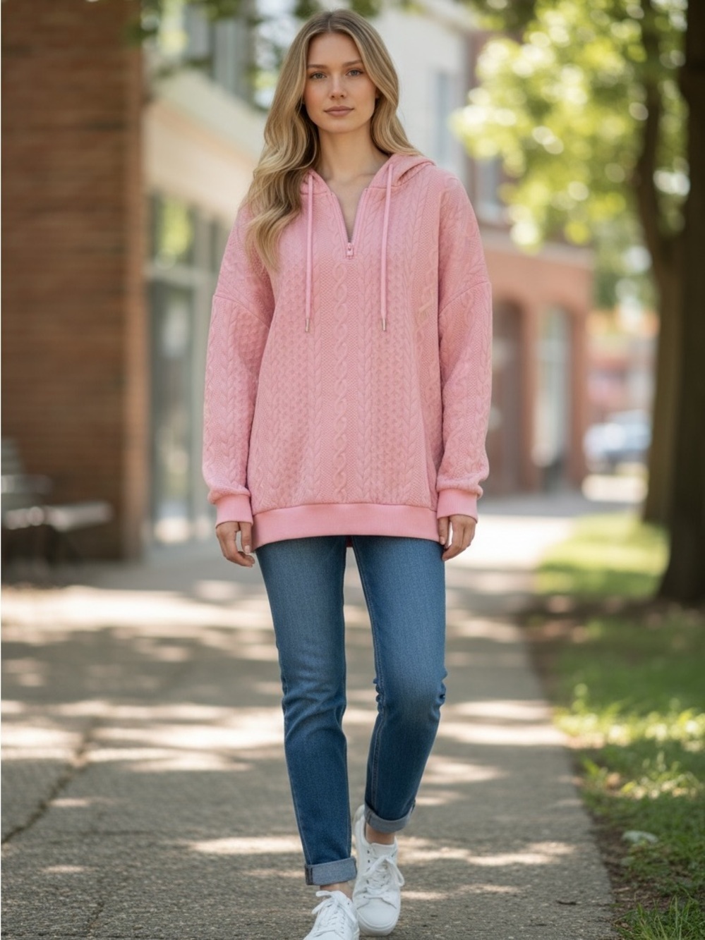 SHEIN Pastel Pink Cable Knit Half-Zip Hoodie Sweatshirt